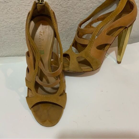 L.A.M.B. Tan Leather And Suede Strappy Sandals With Gold Heel Size 6 M - Picture 6 of 15